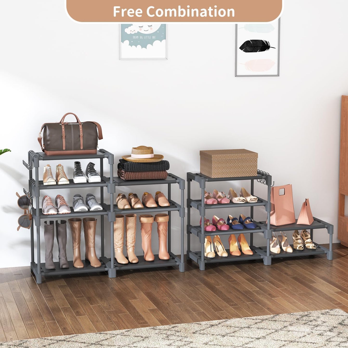 ROJASOP Shoe Rack Organizer, 8-Tier Metal Shoe Rack for Closet Entryway Garage, 26-32 Pairs Tall Shoe Boot Storage Shelf with 15 Hooks, Stackable Large Shoe Stand