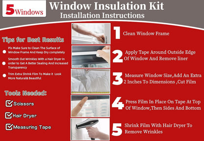 10-Window Shrink Film Window Insulation kit（62-Inch x 420-Inch），Insulating Film Window Kit Keeps Cold Air Out and Warm Air in (10 Windows)