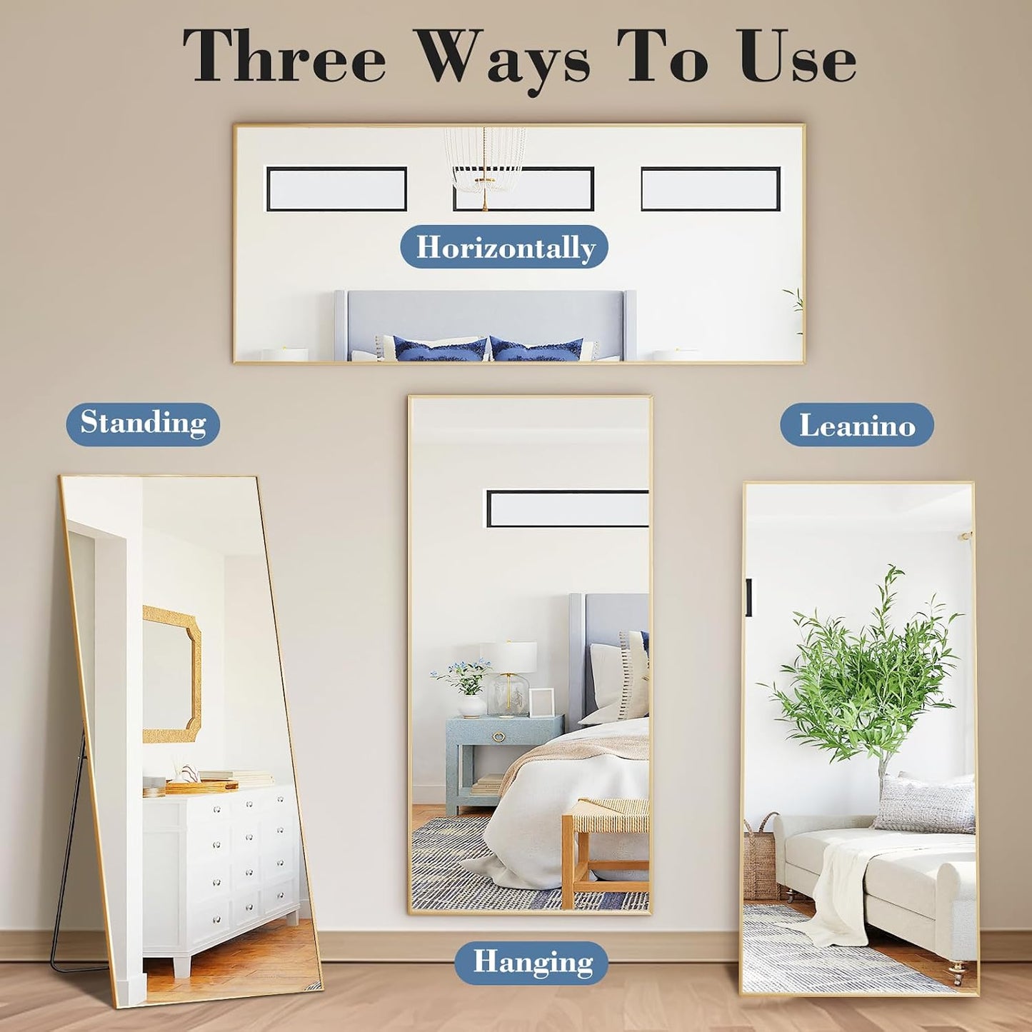 59"x16" Arched Full Length Mirror, Full Body Mirror with Leaning or Standing, Floor Standing Aluminum Frame for Bedroom, Livingroom, Cloakroom, Black