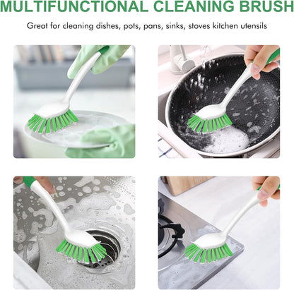 SetSail Dish Brush with Handle, 2 Pack Stiff Bristles Dish Scrubber with Built-in Scraper Dish Scrub Brushes for Cleaning Dishes, Pots and Pans, Kitchen Sink