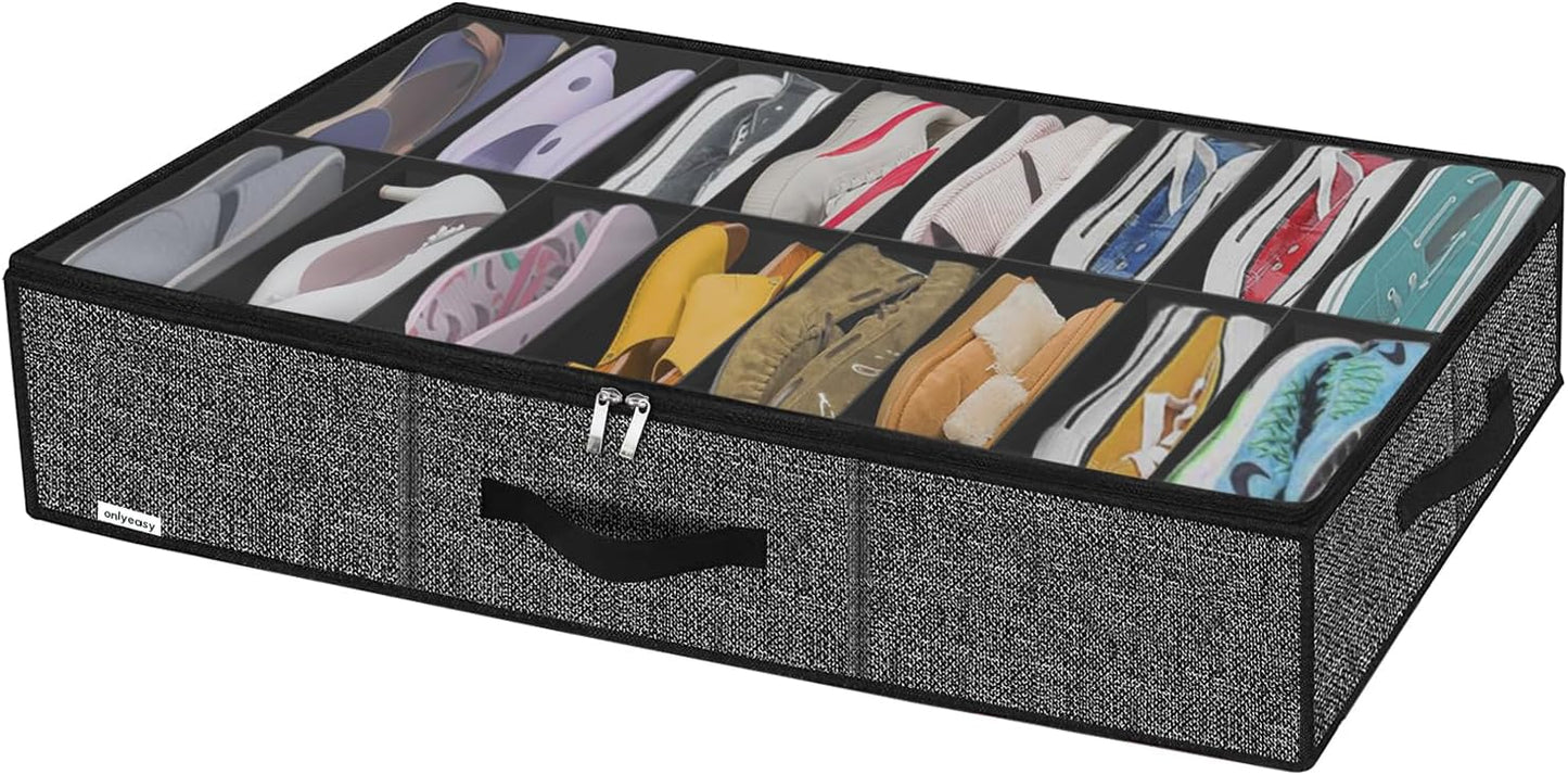 Onlyeasy Sturdy Under Bed Shoe Storage Organizer, Set of 2, Fit 12 to 24 Pairs, Underbed Shoes Closet Storage Solution with Clear Window, Breathable, L29.3 x W23.6 x H5.9, Linen-like Black, MXAUBSB2P