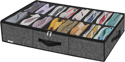Onlyeasy Sturdy Under Bed Shoe Storage Organizer, Set of 2, Fit 12 to 24 Pairs, Underbed Shoes Closet Storage Solution with Clear Window, Breathable, L29.3 x W23.6 x H5.9, Linen-like Black, MXAUBSB2P