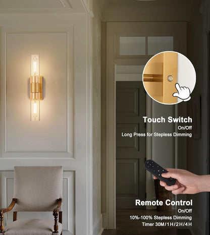 SANTOSTOCK Gold Battery Operated Wall Sconce Set of 2, 12000mAh Rechargeable Wall Lights with Remote Control, Wireless Dimmable Wall Lamps for Bedroom Living Room Bathroom Hallway Stairwell