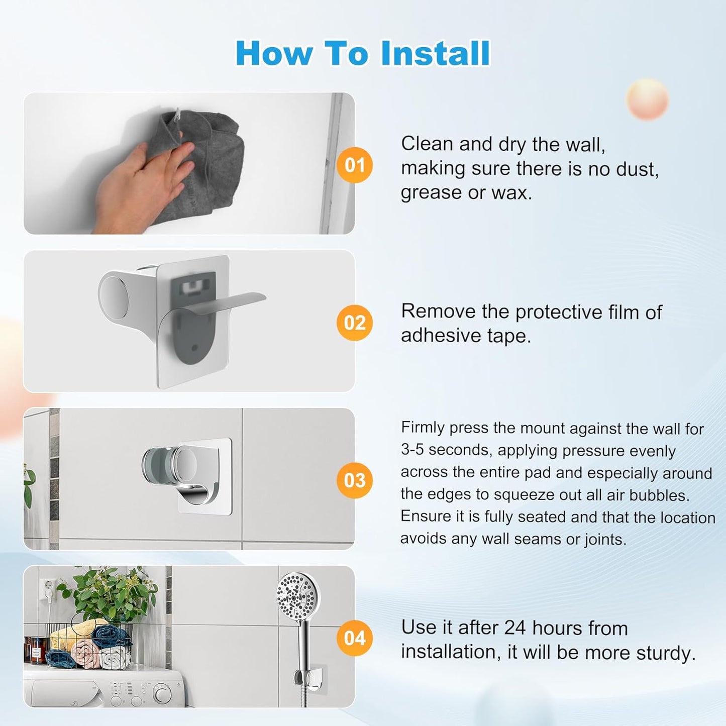 Hibbent Shower Head Holder, Strong Adhesive, Waterproof, Height Adjustable, Wall Mount, No Drilling, Matte Black