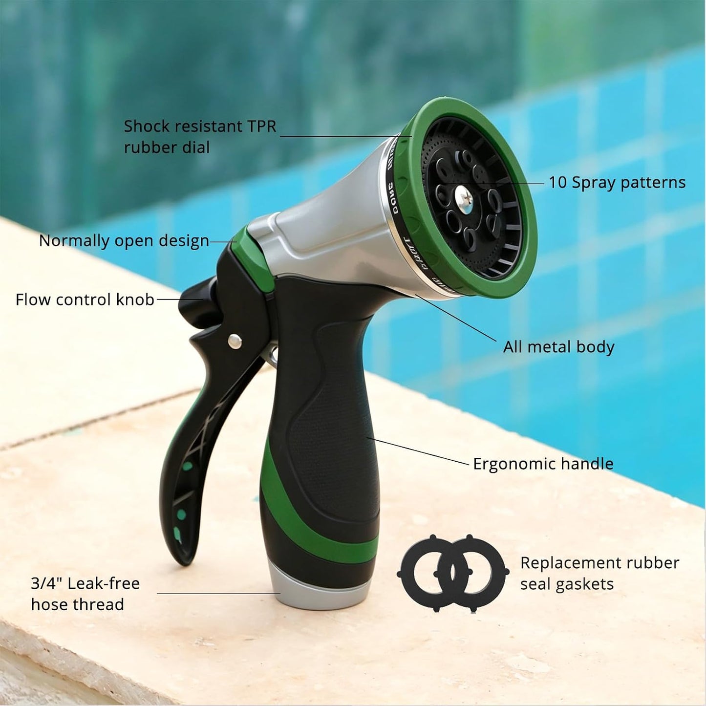 QUOBAS Metal Garden Hose Nozzle, Heavy Duty Water Hose Sprayer, Leak Proof | 10 Pattern Water Nozzle with Rubber Gasket, Garden Sprayer for Watering Plants, Washing Cars, Pet Shower, Blue