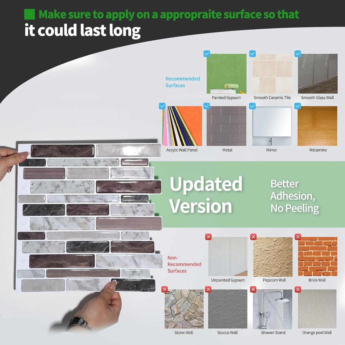LONGKING Self-Adhesive Kitchen Backsplash, Marble Look Decorative Tiles (10 Tiles)