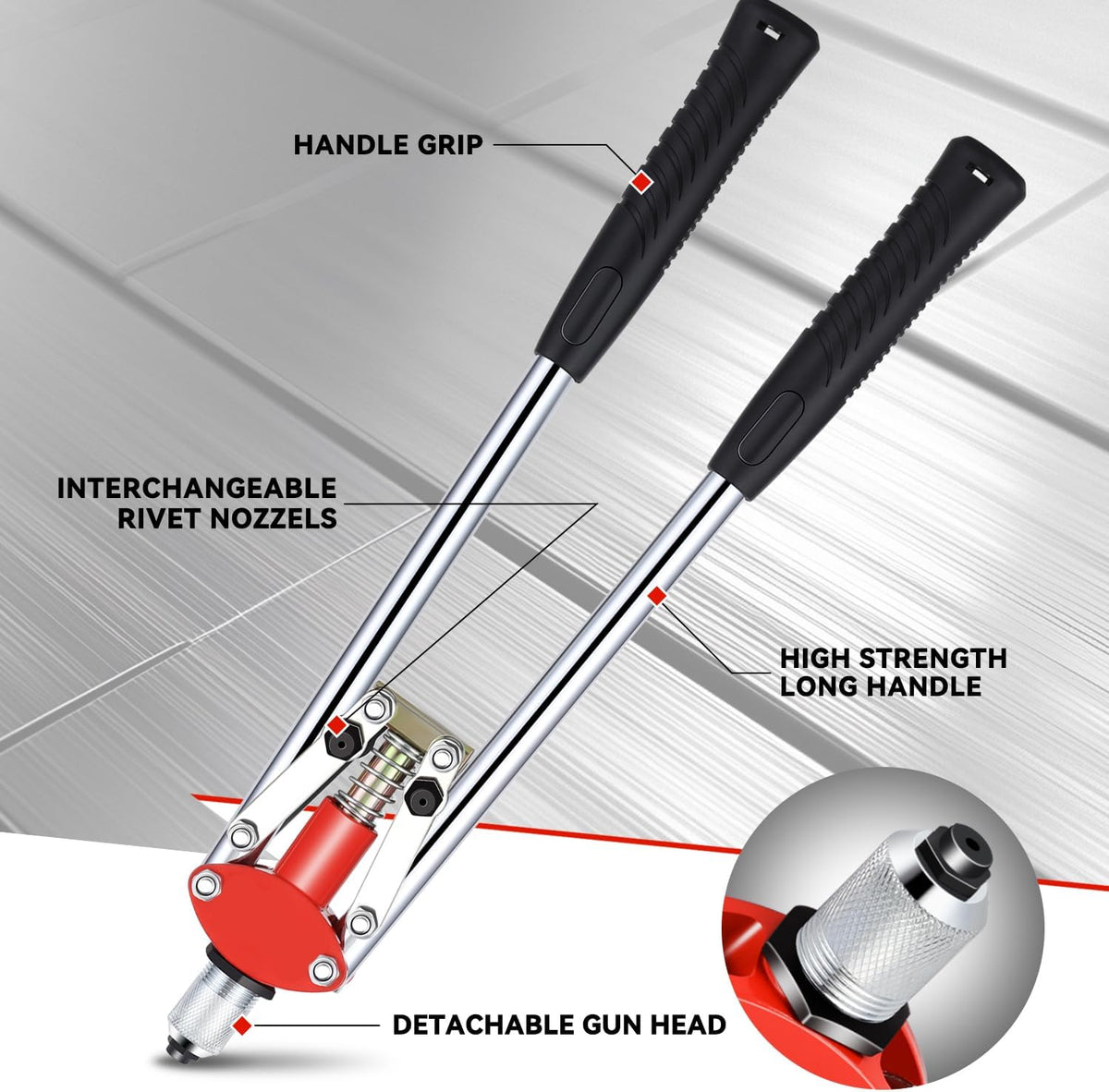 Auto Dynasty 21" Hand Riveter Rivet Nut Tool Set with 5 Guide Nozzle Silver Repair Hand Tool Kit Set for Home Household Office Warehouse