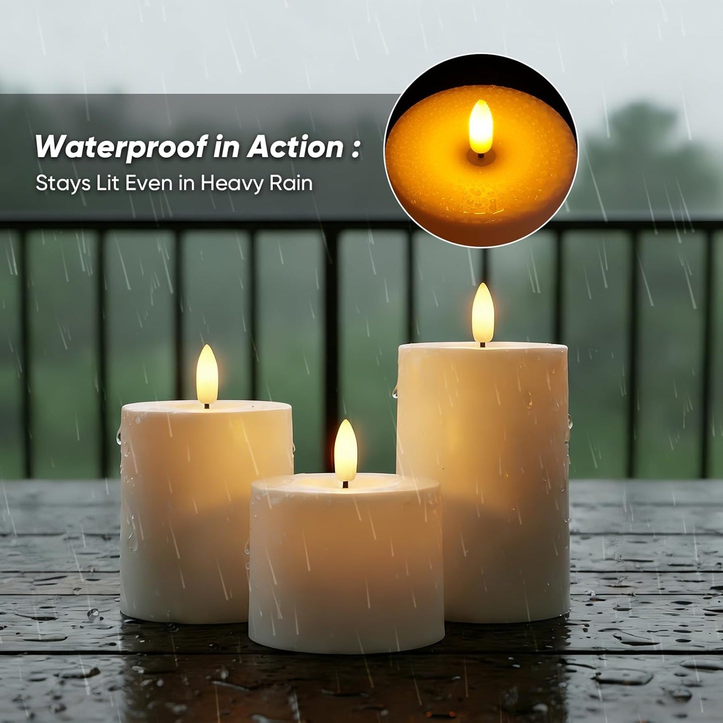Raycare 3"x2.5" White Outdoor Waterproof Flameless Candles with Remote and Timer, Realistic LED Candles, Battery Operated Electric Fake Pillar Candles for Porch, Patio, Garden, Set of 2