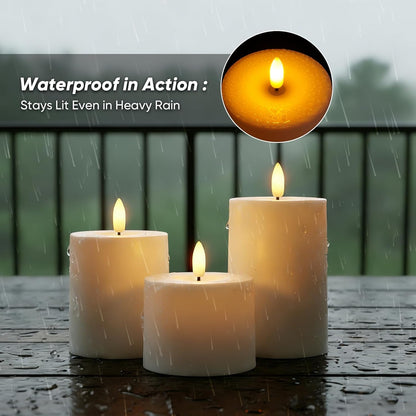 Raycare 3"x2.5" White Outdoor Waterproof Flameless Candles with Remote and Timer, Realistic LED Candles, Battery Operated Electric Fake Pillar Candles for Porch, Patio, Garden, Set of 2