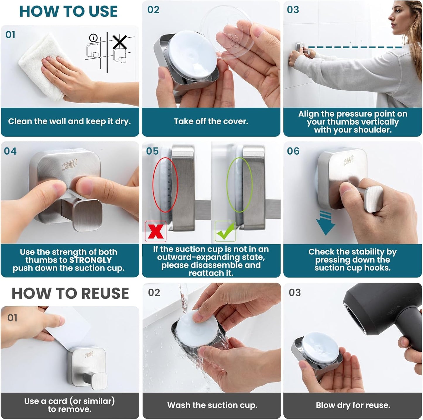 TAILI Suction Cup Razor Holder in Shower 2 Pack, Towel, Loofah, Shaver Holder for Bathroom Wall, Powerful Suction Cup Shower Hooks, Easy to Install and Reuse, White