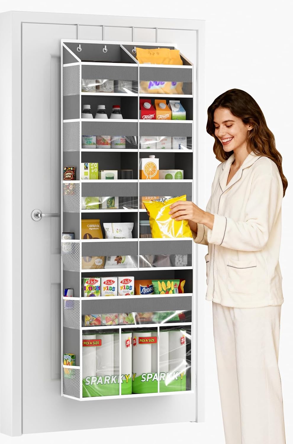 Over the Door Hanging Organizer - Closet Door Organizer and Storage with Large Pockets, Swing-Proof Behind The Door Organizer for Bathroom Nursery (Grey, 1 Pack -Extra Large 6 Tier)