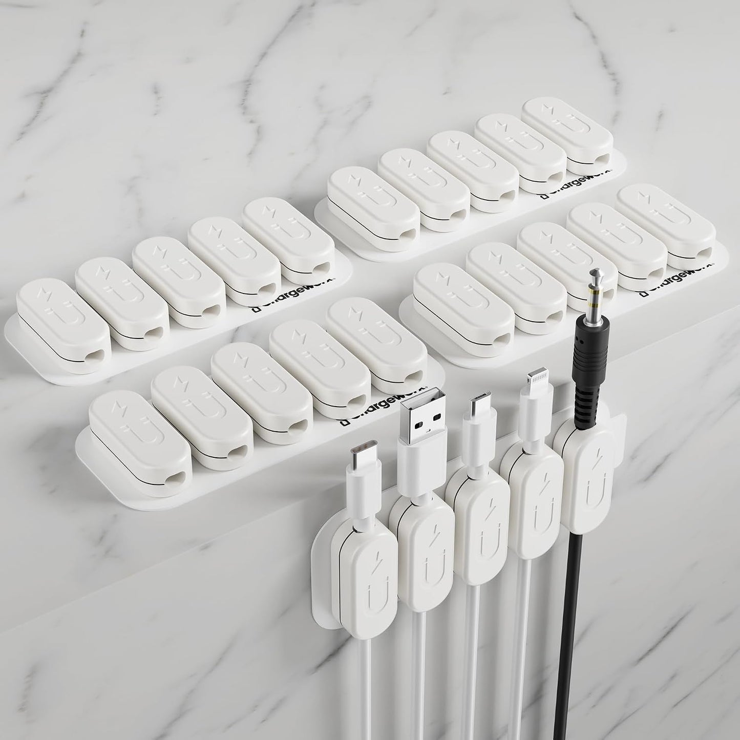 Chargeworx Magnetic Cable Clips - Cord Holder Organizer, No Drill Self-Adhesive Base, Cable Organizer, Repositionable Magnetic Clips, 5-Pack, USB-C Lightning Micro-USB, Desk Nightstand Wall Car, Black
