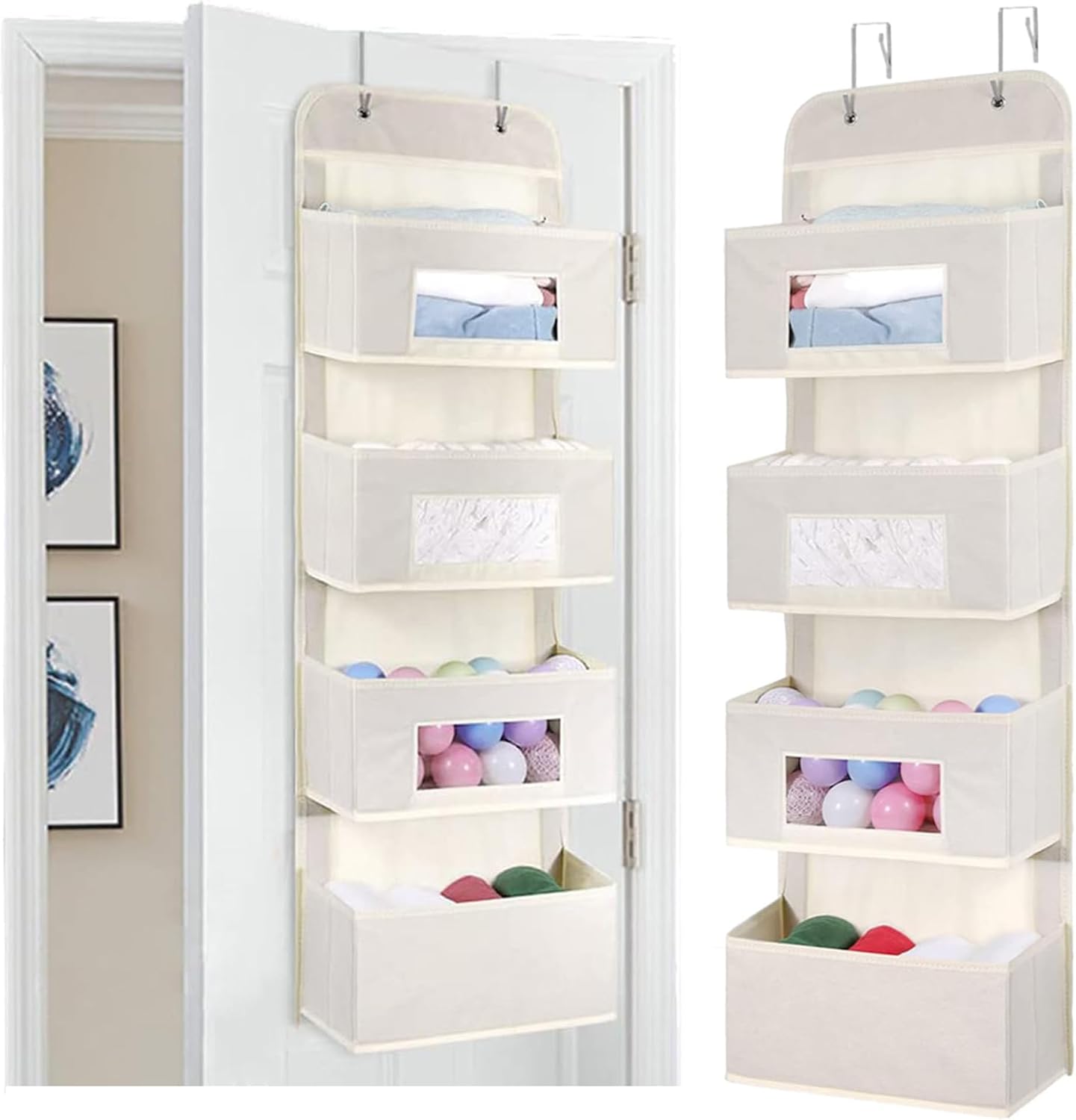 MAX Houser 4-Shelf Over The Door Hanging Organizer with 2 Metal Hooks, Gray | 4 Pocket Swing-proof Behind Door Organizers with Clear Windows for Bathroom Closet, Dorm