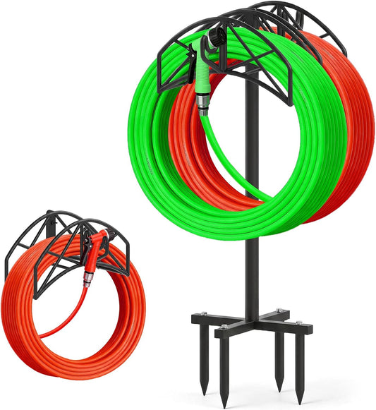 WellSign Garden Water Hose Holder Freestanding or Wall Mount, Metal Heavy Duty Hose Hanger Storage Stand Holds 2 Pcs 160Ft Hose for Outside Yard Lawn Farm with 90° Rotatable Hook for Storing Faucets