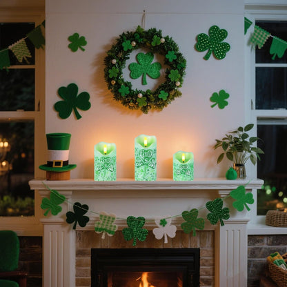 Flameless Candles Lights, Set of 3 Flickering LED Candles with Remote & Timer, Dimmable Electric Pillar Candles Battery Operated, Green Candles for Home St. Patrick’s Day Christmas Decor (Green)