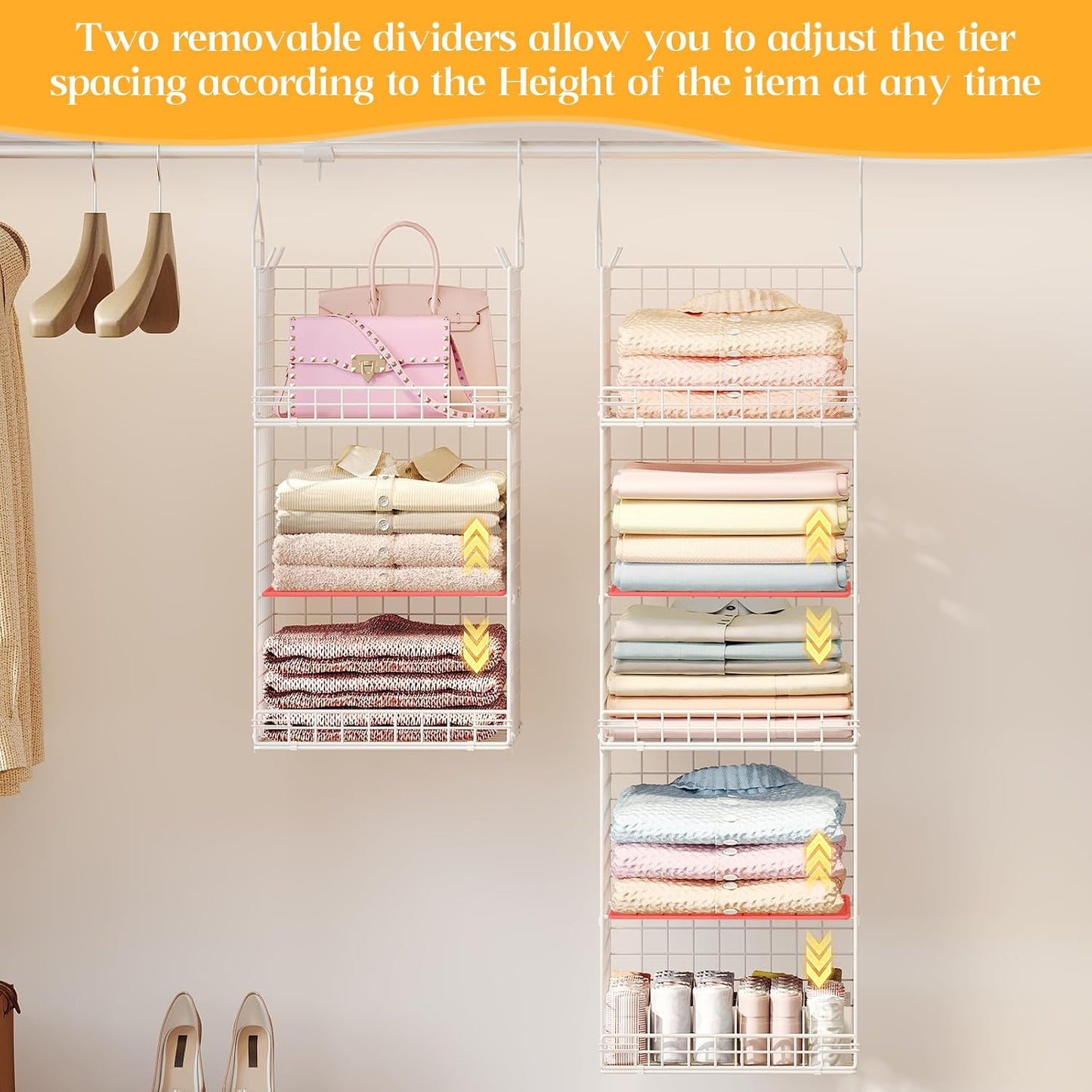 Yuyetuyo 5 Tier Closet Hanging Organizer and Storage Separable Hanging Closet Shelves with 4 Hooks 2 Adjustable Dividers, Wire Storage Basket Bins for Clothing Sweaters Socks Dolls Handbags, Foldable