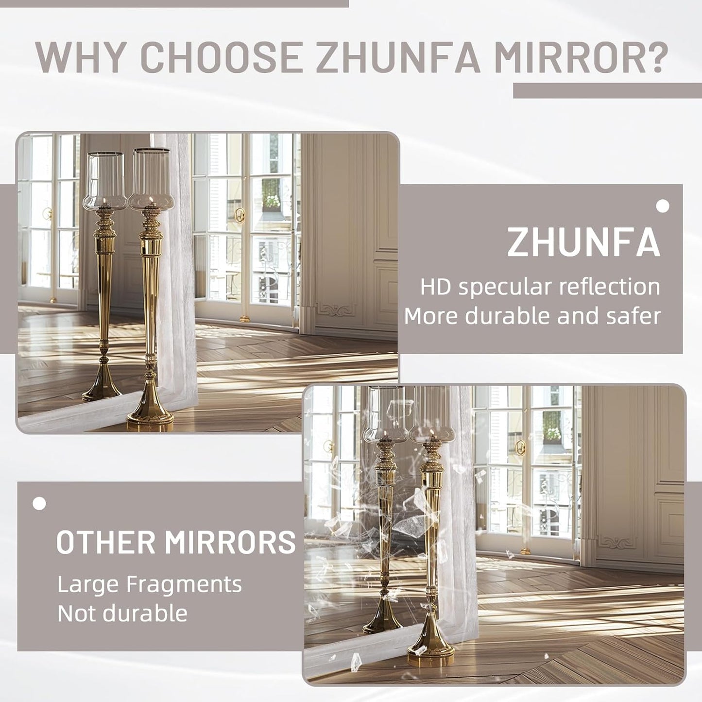 ZHUNFA Arched Full Length Mirror with Solid Wood Frame | 65x22 Farmhouse Wall Mirror Full Length with Stand, Vertical Hanging, Leaning Standing for Bedroom,Living Room, Rustic White