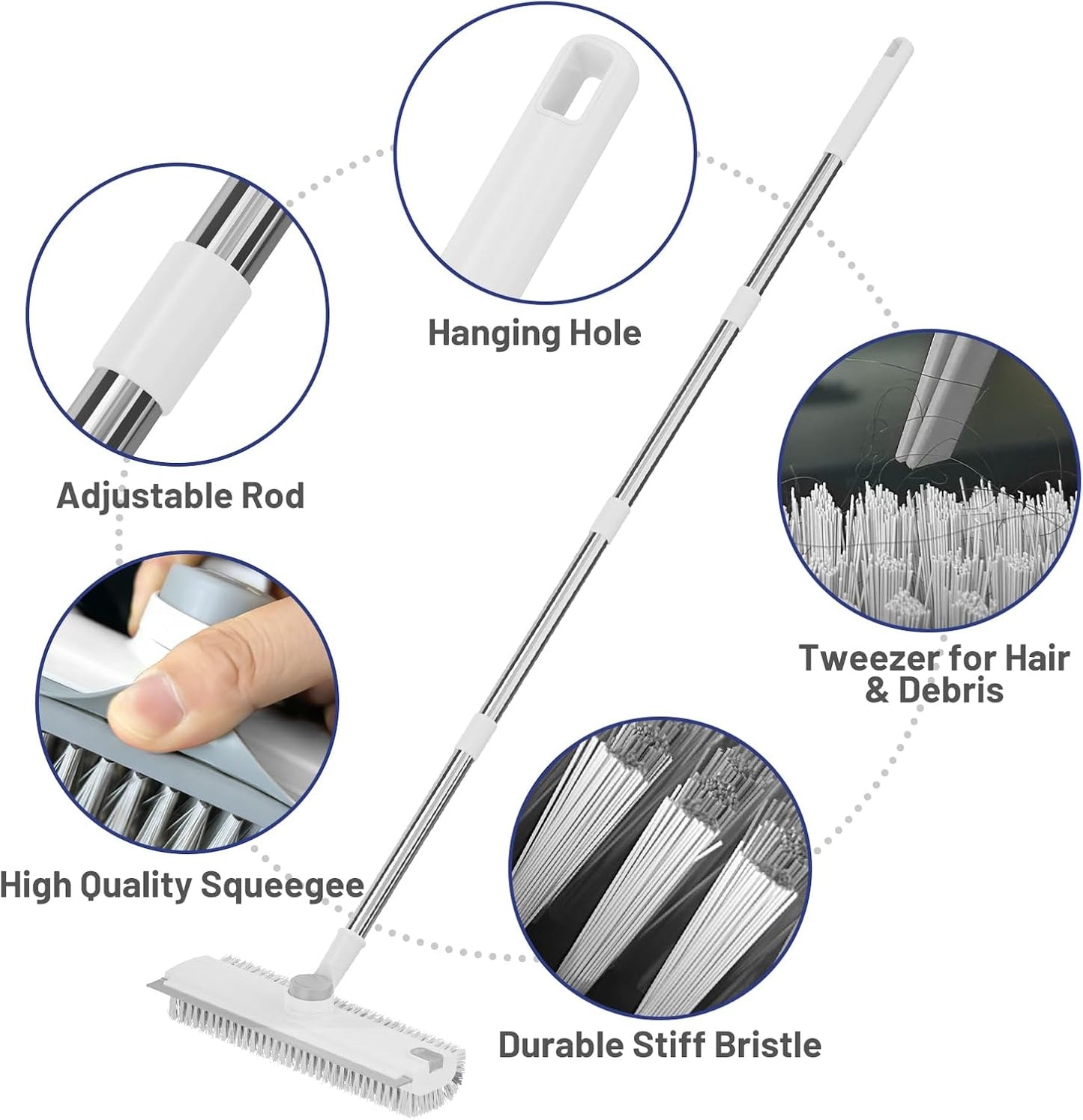 3 in 1 Floor Scrub Brush with Long Handle & Squeegee | Heavy-Duty, Adjustable, 360° Rotating Head for Cleaning Tile Bathroom Deck Kitchen Patio, Blue