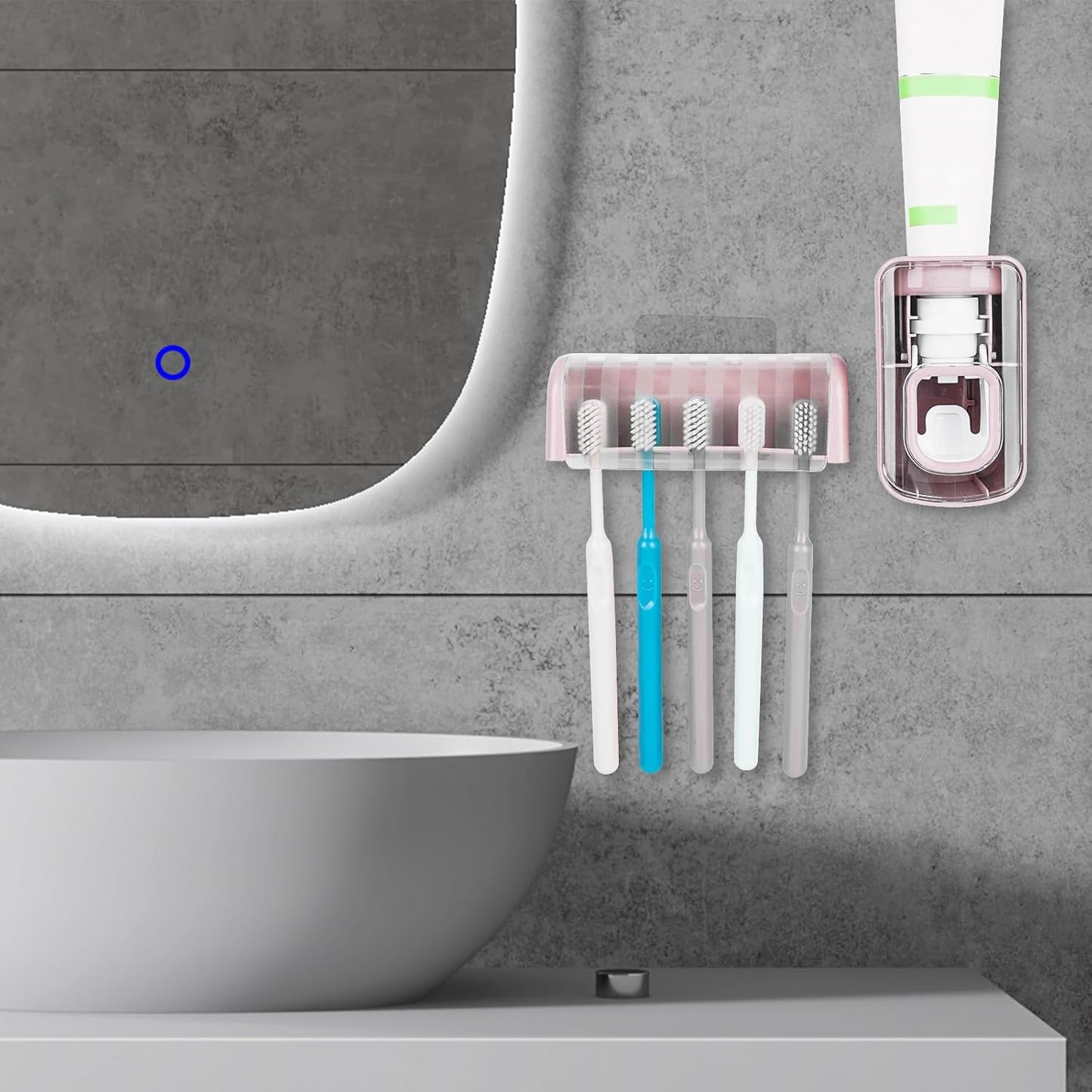 5 Slots Wall Mount Toothbrush Holder with Cover, Self Adhesive Toothbrush Storage Organizer for Shower, Toothbrush Hanger with Automatic Toothpaste Squeezer Dispenser