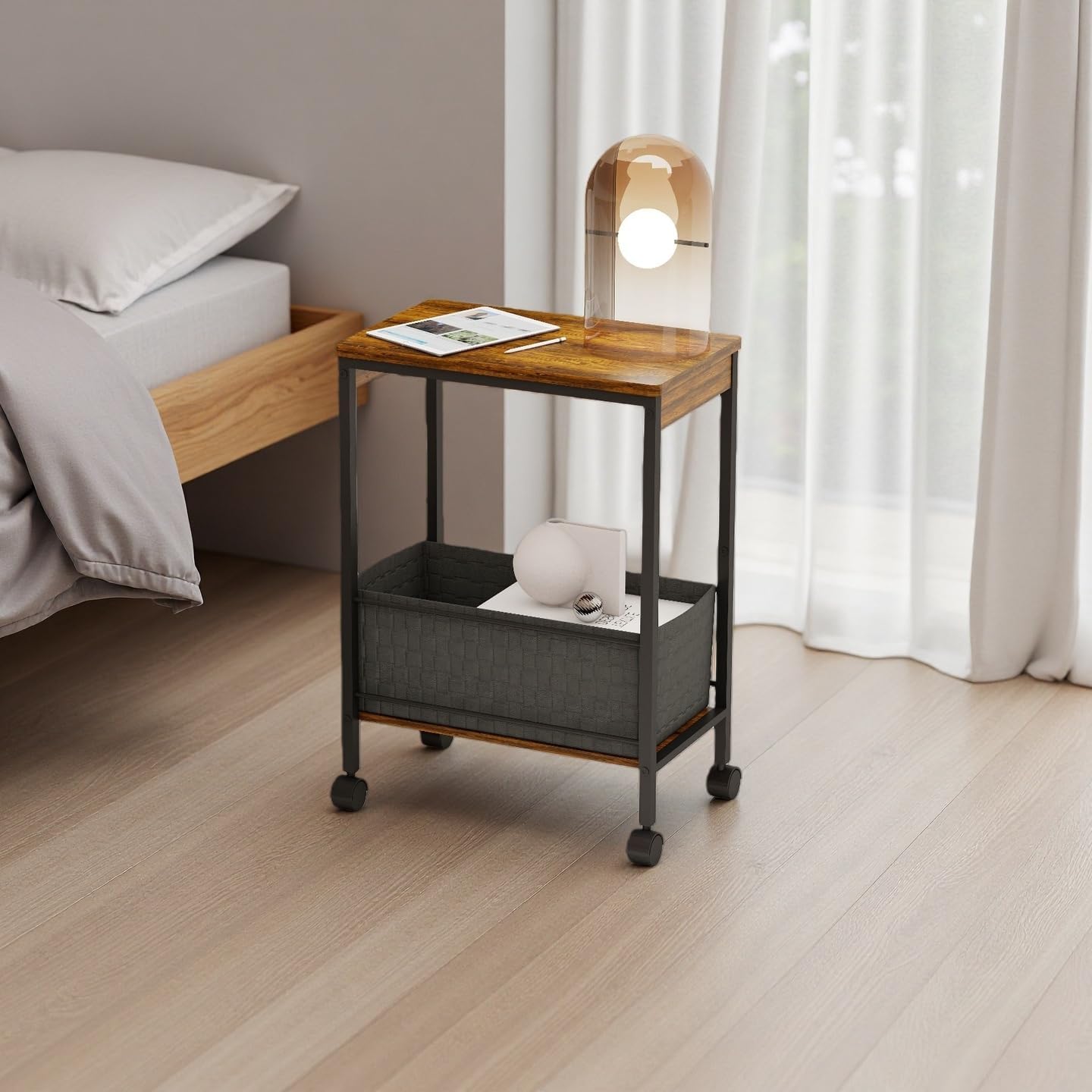 Slim Rolling Cart with Storage Basket,Narrow Metal Utility Cart with Wheels, Mobile Side Table for Small Spaces, Laundry Room, Dorm, White 10" D x 16" W x 22" H,