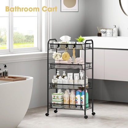 TOOLF 3-Tier Metal Rolling Cart, Mesh Wire Easy Assemble Utility Cart, Storage Trolley on Wheels with 3 Hooks, MetalStorage Shelving Units for Kitchen Bathroom Laundry Room