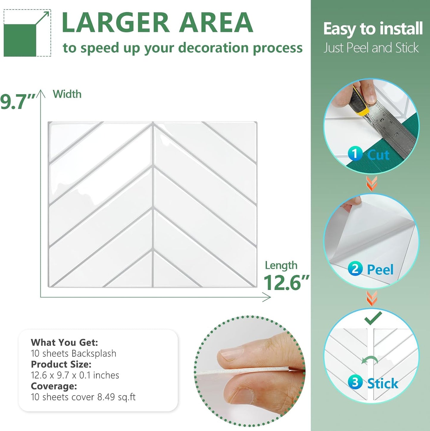 STICKGOO 10 Sheets Thicker Herringbone Peel and Stick Backsplash, 12.6”×9.7” Stick on Wall Tiles, Self Adhesive Tile Sticker for Kitchen Backsplash and Bathroom, White with Grey Grout