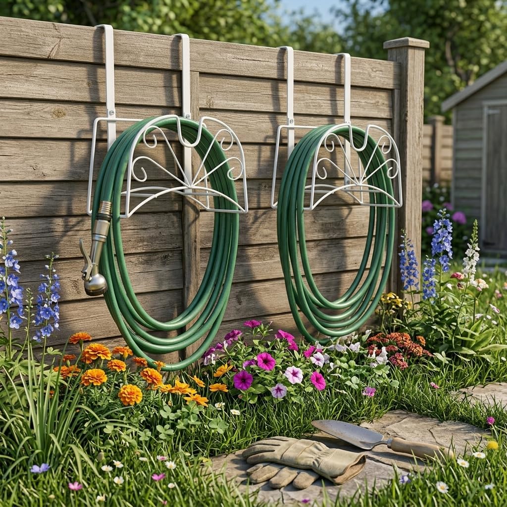 Garden Hose Holder, Sturdy Hose Storage Organizer Reel Rack for Outside Garden Lawn Yard Farm -Wall Mount Or Hanger (White)
