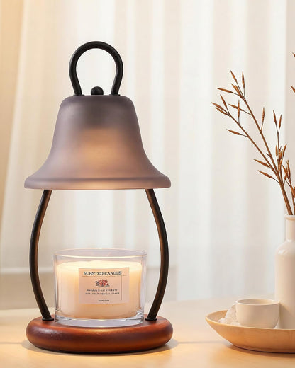 Candle Warmer Lamp with Timer - Adjustable Brightness & Glass Shade - Wooden Base with 2 Bulbs Included (Black)