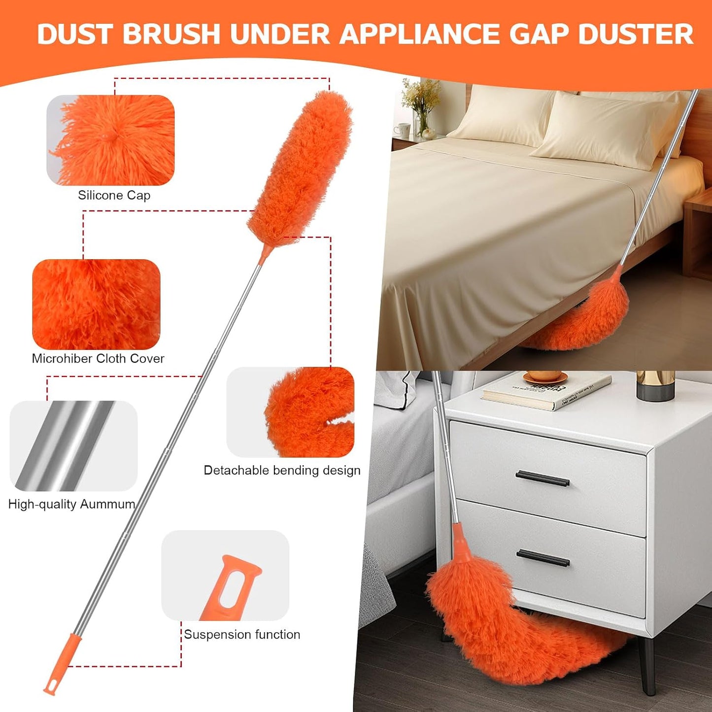 Microfiber Feather Duster Extendable Duster with 30'' to 100'' Telescoping Extension Pole, Bendable Head & Long Handle Dusters for Cleaning Ceiling Fan, High Ceiling, Blinds, Furniture & Cars