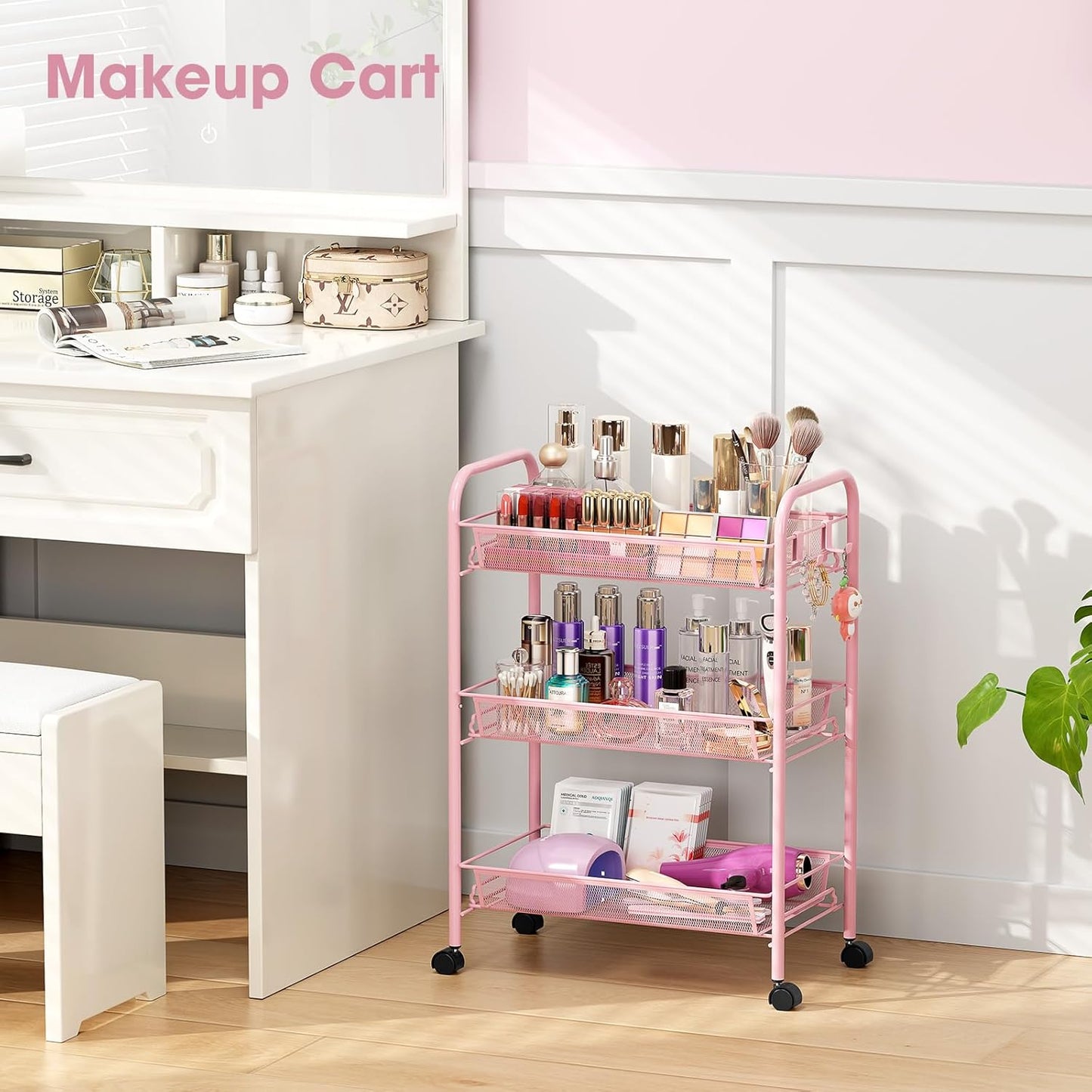 TOOLF 3-Tier Metal Rolling Cart, Mesh Wire Easy Assemble Utility Cart, Storage Trolley on Wheels with 3 Hooks, MetalStorage Shelving Units for Kitchen Bathroom Laundry Room