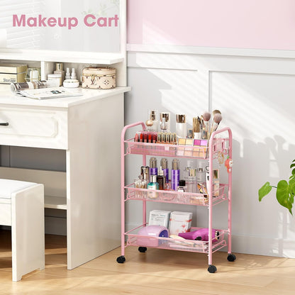 TOOLF 3-Tier Metal Rolling Cart, Mesh Wire Easy Assemble Utility Cart, Storage Trolley on Wheels with 3 Hooks, MetalStorage Shelving Units for Kitchen Bathroom Laundry Room