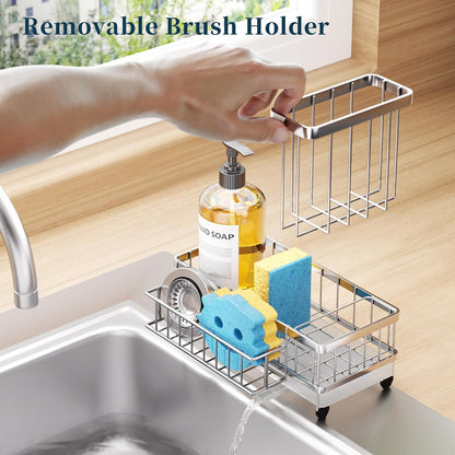 Consumest Sponge Holder for Kitchen Sink - Auto Draining Sink Caddy Organizer with Detachable Rack, High Brush Holder, Kitchen Countertop Storage Accessories, Black