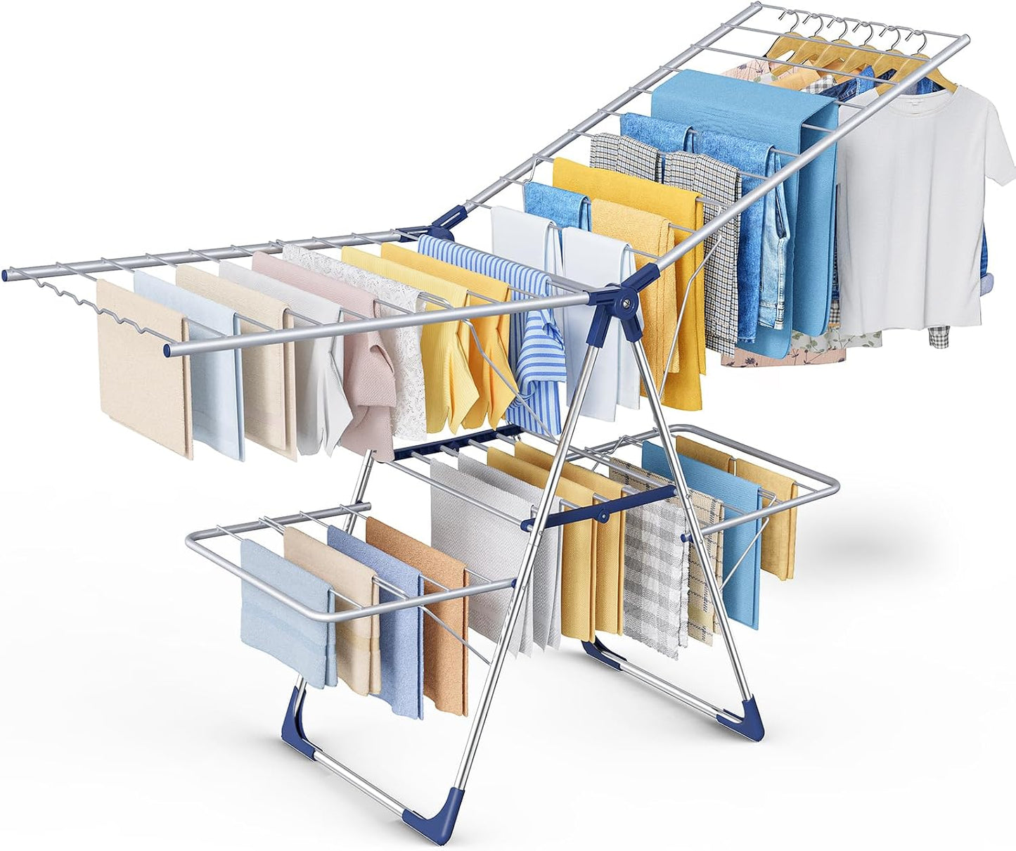 Sakugi Clothes Drying Rack, Foldable 2-Level Laundry Drying Rack with Height-Adjustable Wings, for Clothing & Bedding, Free-Standing Space-Saving Rack, Indoor & Outdoor, 55.5" L × 22.8" W, Gray