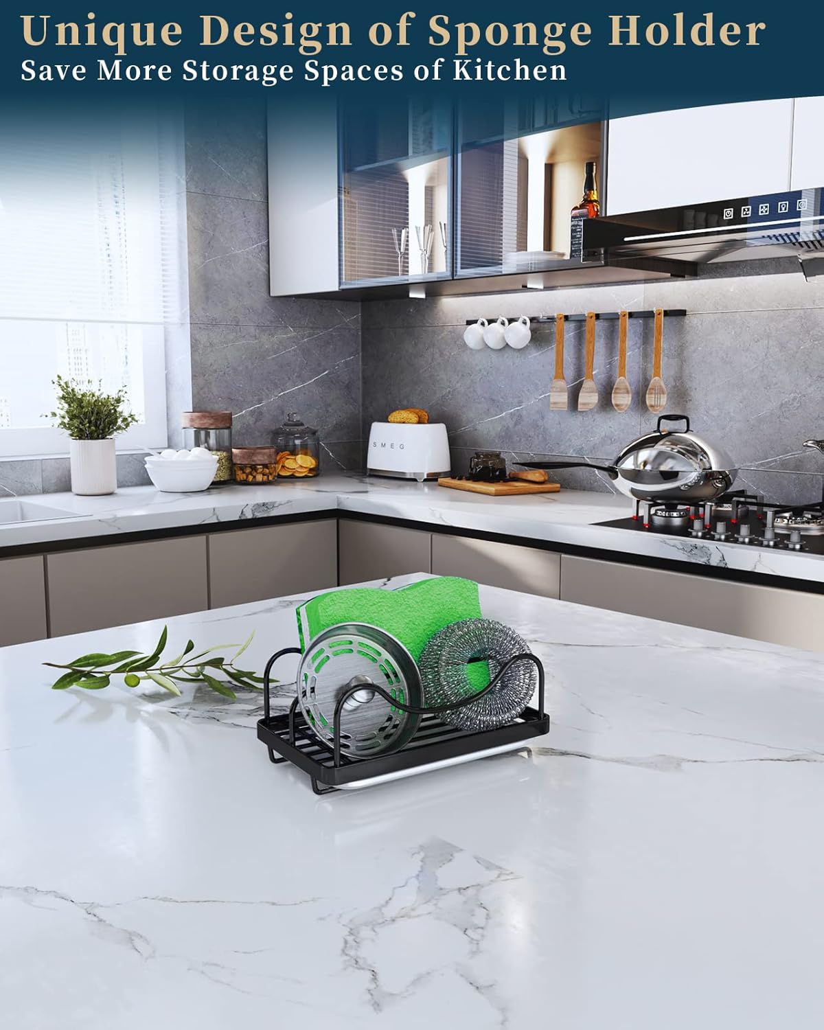 Consumest Sponge Holder for Kitchen Sink - Movable Sink Caddy for Countertop Organizer, 304 Stainless Steel Sponge Holder with Detachable Drip Tray for Kitchen Accessories-Silver