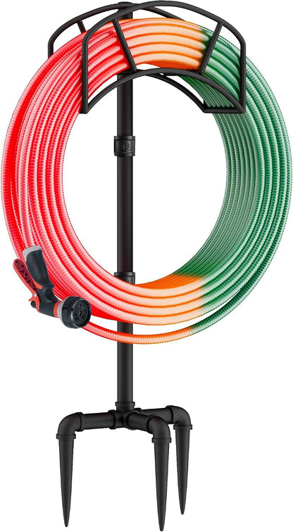 LAND·VOI Freestanding Garden Water Hose Storage Holder Stand for Outside, 160-Ft Hose Heavy Duty Metal Hanger Reel Organizer Outdoor Yard Lawn, Standing Keeper Rack with Ground Stake, Black GHH01BK01
