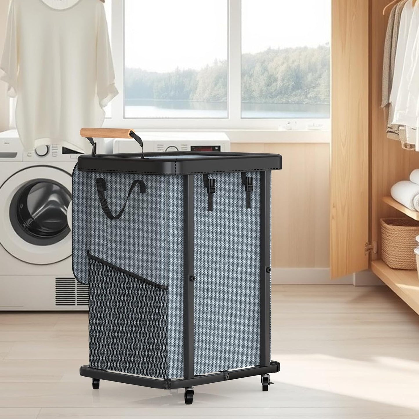 Rolling Laundry Hamper with Wheels, Laundry Hamper 3 Section with Lid, Laundry Basket with Rolling Lockable Wheels and Handle, Laundry Basket Organizer for Laundry Room, Bedroom 230L Black