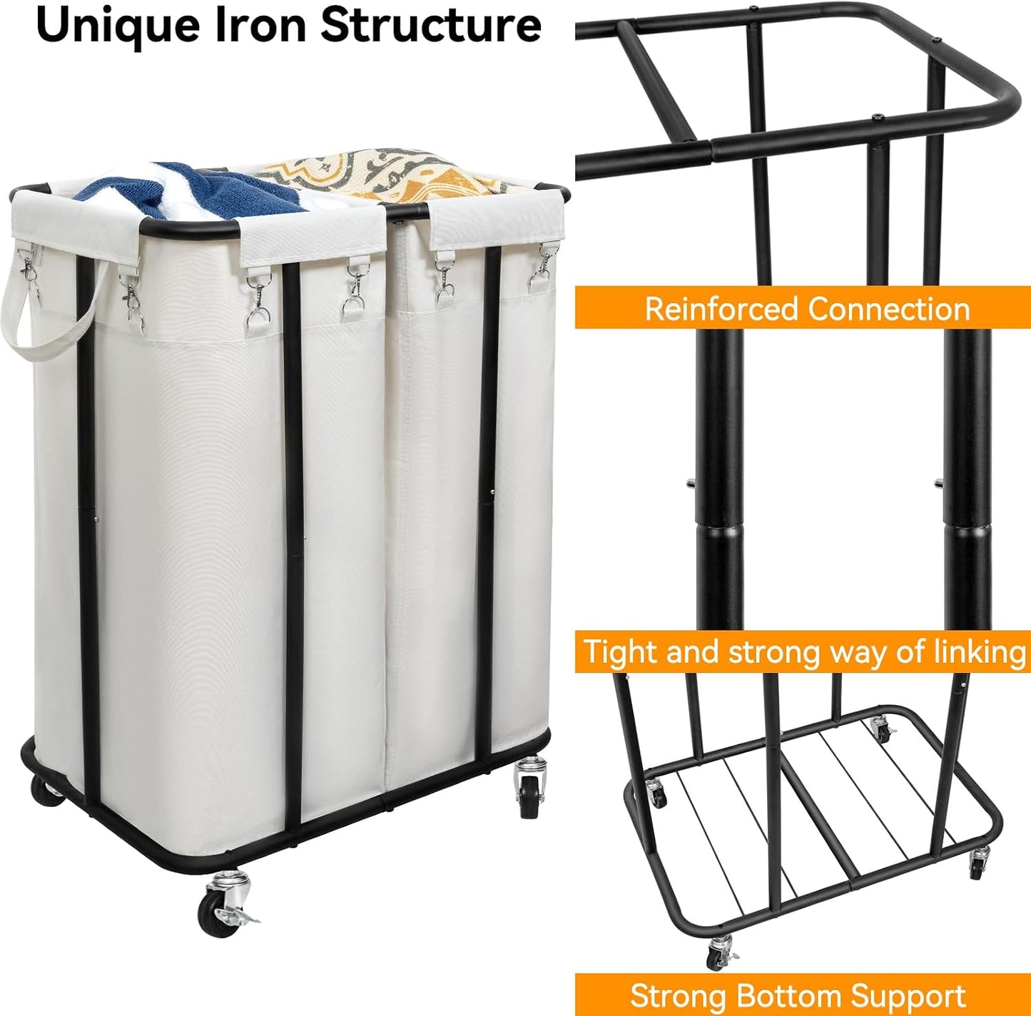 WOWLIVE Laundry Hamper with Wheels 260L Rolling Laundry Basket 3 Section Organizer Laundry Cart with Steel Frame and Removable Bags Large Dirty Clothes Hamper Dorm Room Storage for Bedroom