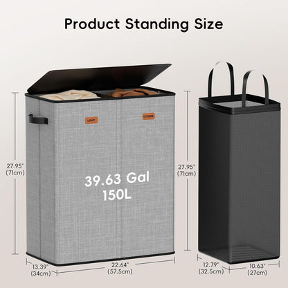185L Laundry Hamper 3 Section, Laundry Hamper with Lid, Dirty Clothes Hamper with 3 Removable Washing Bags, Extra Large Laundry Basket Organizer for Bedroom, Laundry Room, Dorm - Black