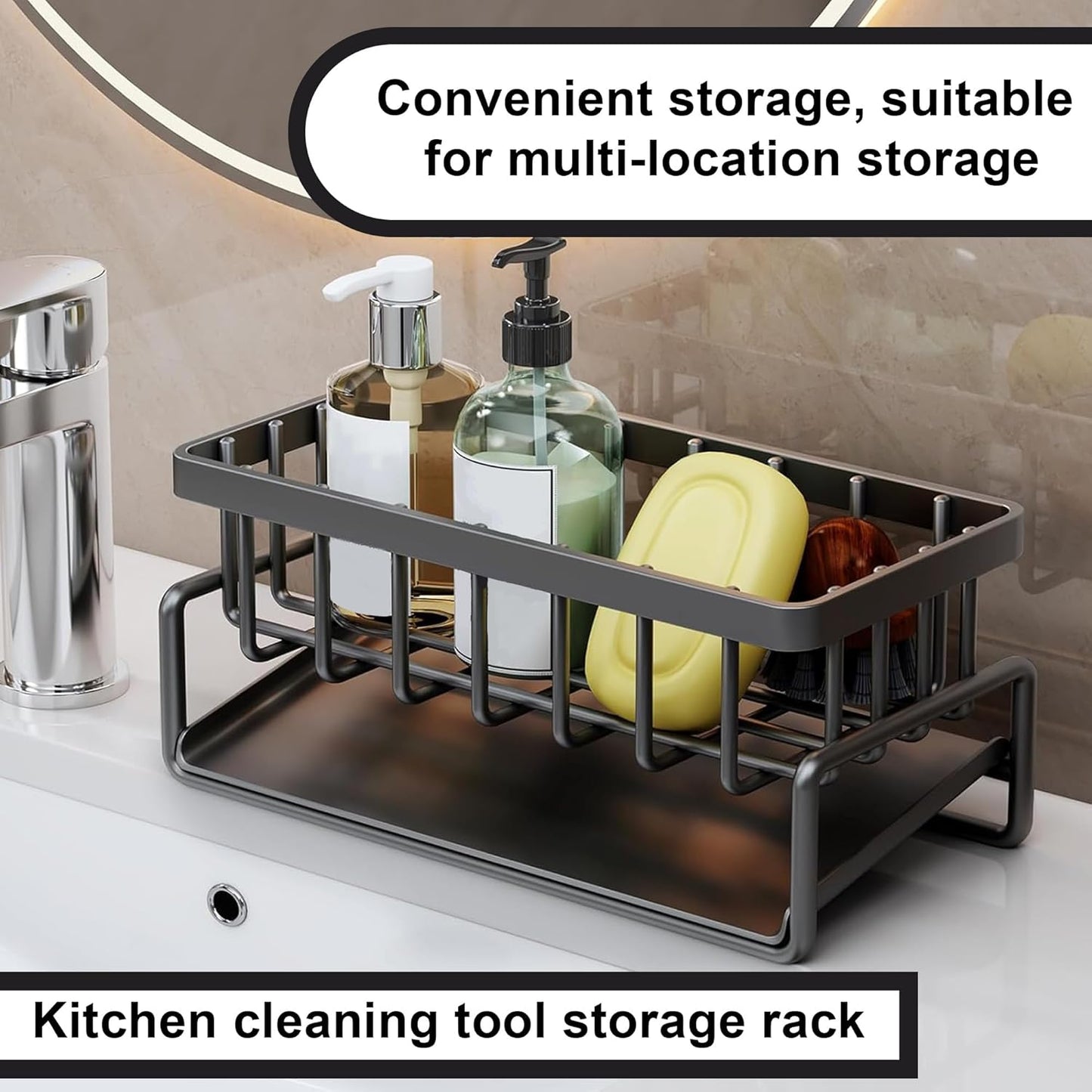 Sponge Holder Caddy for Kitchen Sink – Stainless Steel Soap Organizer with Auto Drain Tray, Countertop Storage Rack for Sink or Bathroom, Small Space Home Accessories, Gery
