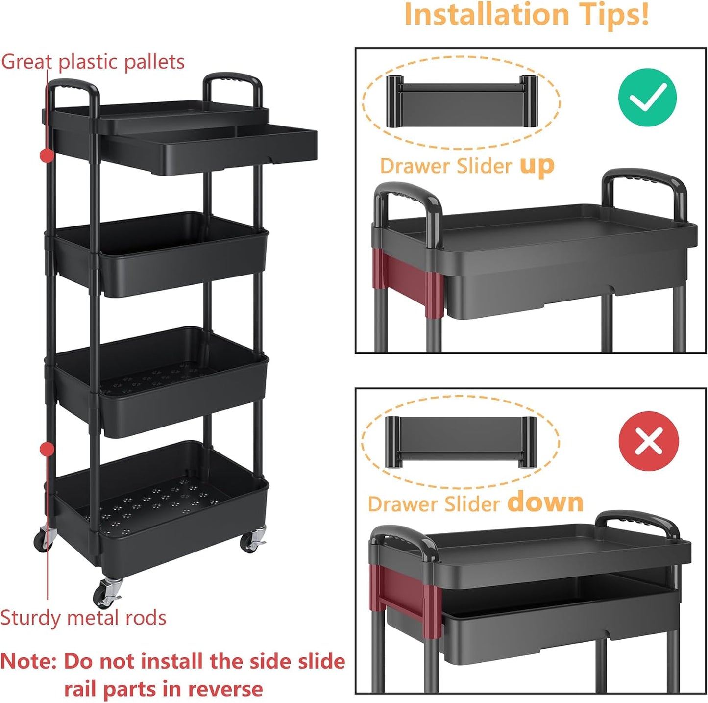 Calmootey 3-Tier Rolling Utility Cart with Drawer,Multifunctional Storage Organizer with Plastic Shelf & Metal Wheels,Storage Cart for Kitchen,Bathroom,Living Room,Office,White