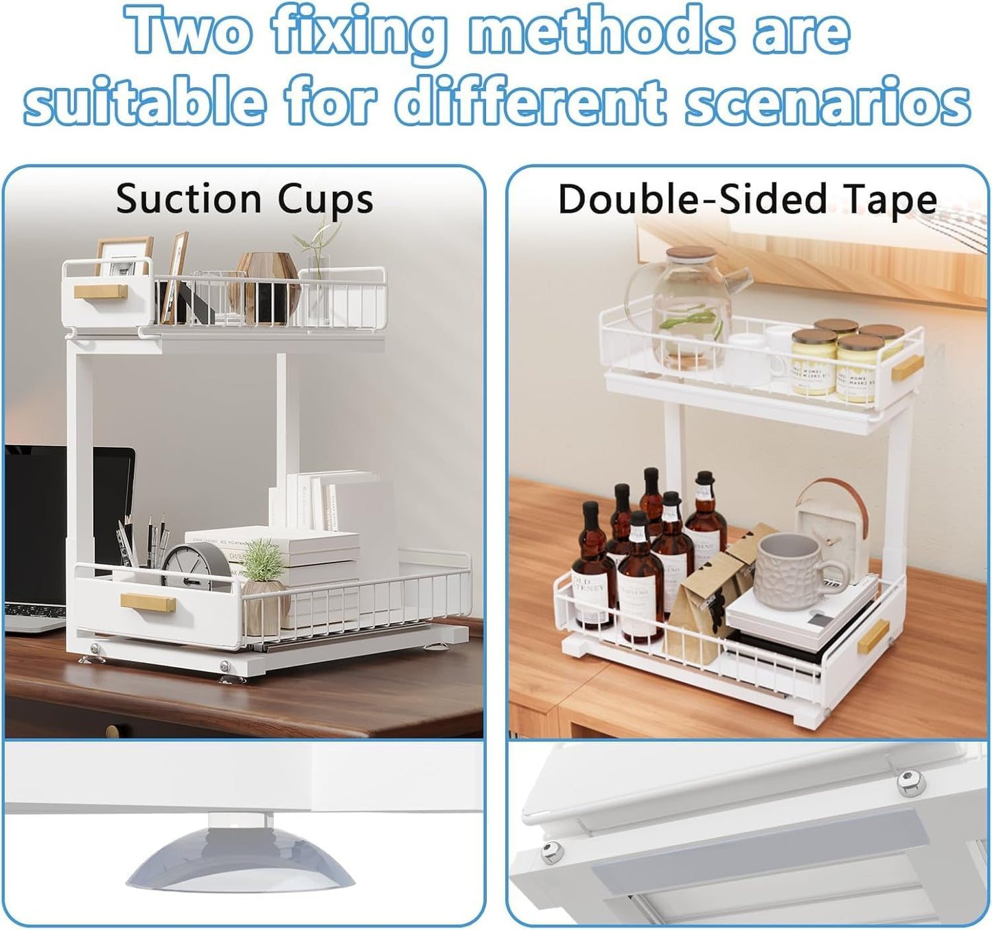 Under Sink Organizer Kitchen - Upgraded Professional Rails, 2 Tier Dual Pull Out Cabinet Storage, Height Adjustable Under Sink Storage, Metal Sliding Drawer for Kitchen & Bathroom, White, 2 Pack