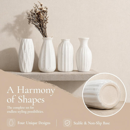 Set of 4 Small White Ceramic Vases Table Flower Vase Modern Decorative Vases for Pampas Grass, Small Vase for Home Living Room Dining Table Farmhouse Office Decor-4.9inch High
