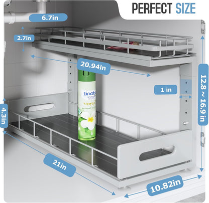 Under Sink Organizer Upgrade To Professional Rails,2-Tier Dual Pull Out Cabinet Storage,Height Adjustable Slide Out Drawers For Bathroom Kitchen,2 Pack-14.5" Dx12.8-16.9" H,White