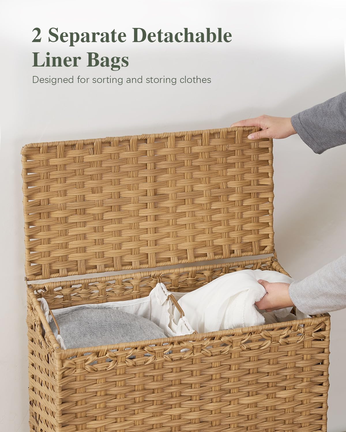 SETVSON Laundry Hamper with Lid 132 L, (35 Gallons) Clothes Hamper with Lid, Handwoven Rattan Laundry Hamper with Metal Heightened Feet, Laundry Hampers with 3 Removable Liner Bags for Laundry-Natural