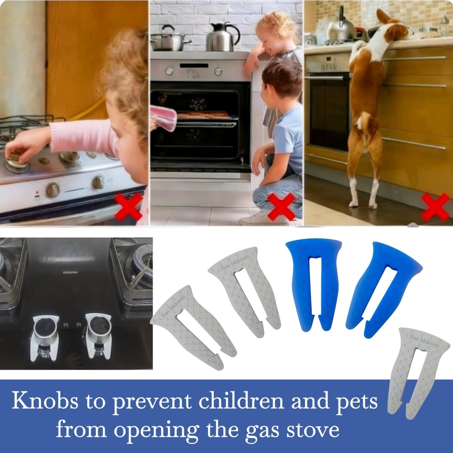 Universal Stove Knob Locks(2Pack Blue and 3Pack Gray) Child Proof Gas Stove Safety Lock with Key, Easy Install No Tools Needed, Heat Resistant Baby Proofing Essentials for Kitchen Cooktop