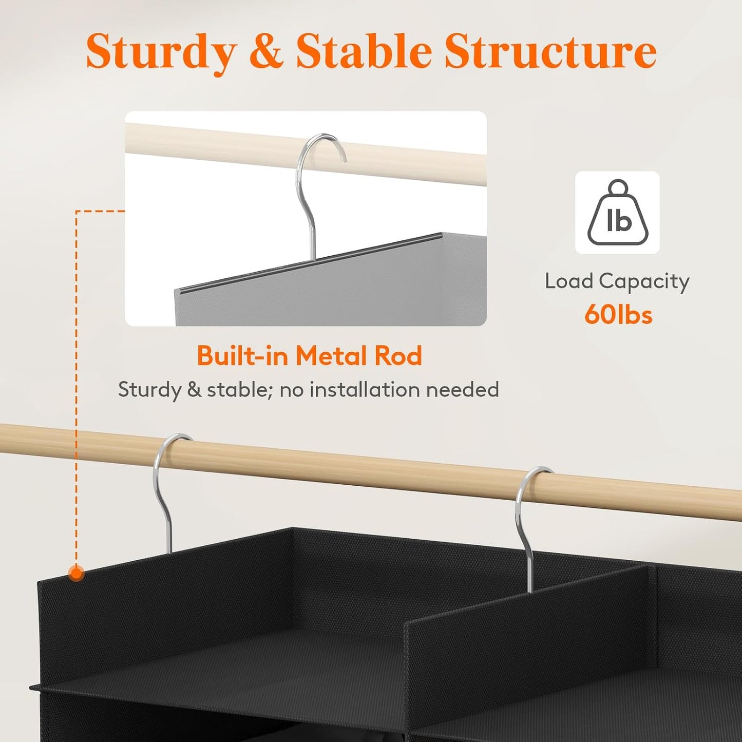 Lifewit Dual-Row Shelf Hanging Closet Organizer and Storage, Clothes Shelves with 3 Sturdy Hooks for Clothing Organization, Foldable Container Hold Up to 24 Sweaters, 4 Tier 8 Sections, Gray