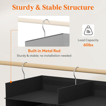 Lifewit Dual-Row Shelf Hanging Closet Organizer and Storage, Clothes Shelves with 3 Sturdy Hooks for Clothing Organization, Foldable Container Hold Up to 24 Sweaters, 4 Tier 8 Sections, Gray