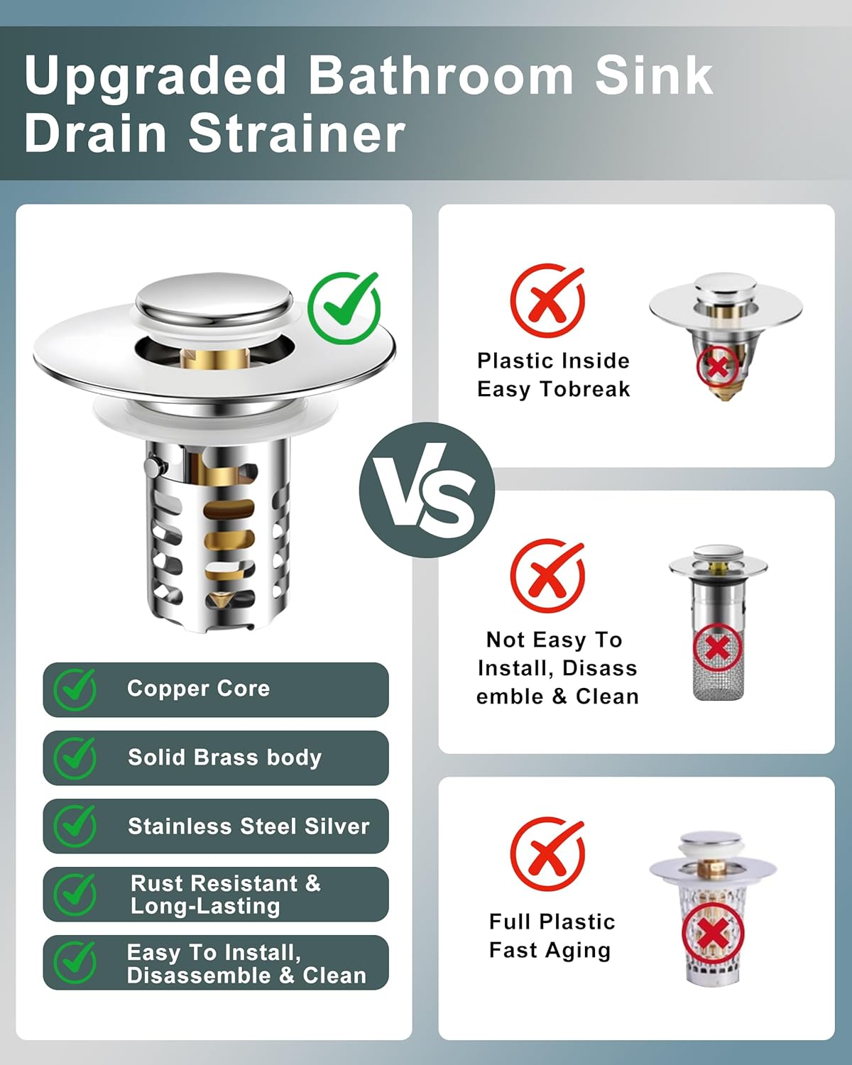 Bathroom Sink Drain Strainer,Universal Fit 99% Bathroom Sink Stopper, Anti-Clog Stainless Steel Drain Filter Basket, Removable Sink Drain for Bathroom Sink Stopper for (1.18'' to 2.17'' inch) Drain