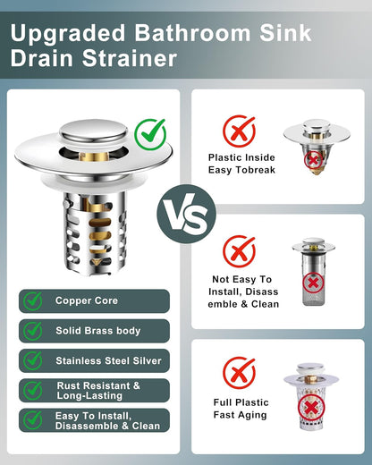 Bathroom Sink Drain Strainer,Universal Fit 99% Bathroom Sink Stopper, Anti-Clog Stainless Steel Drain Filter Basket, Removable Sink Drain for Bathroom Sink Stopper for (1.18'' to 2.17'' inch) Drain