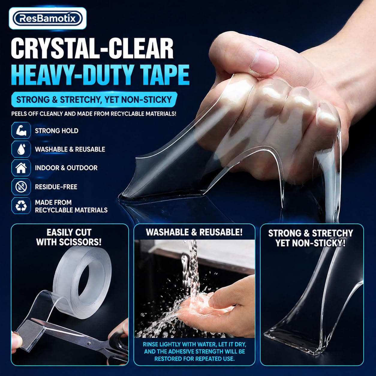 Nano Double Sided Tape, Removable Reusable Mounting Tape | Heavy Duty Hold | Removable No Residue | Washable & Reusable | Waterproof Clear Tape